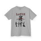 Front view of a youth Gildan 5000B heavy cotton t-shirt in sport grey with a Latin Dance Couples theme