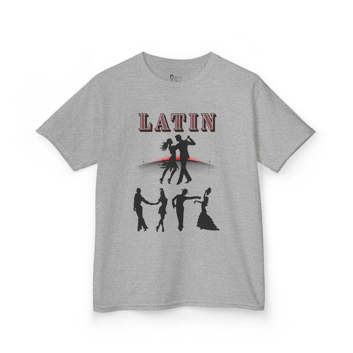Front view of a youth Gildan 5000B heavy cotton t-shirt in sport grey with a Latin Dance Couples theme