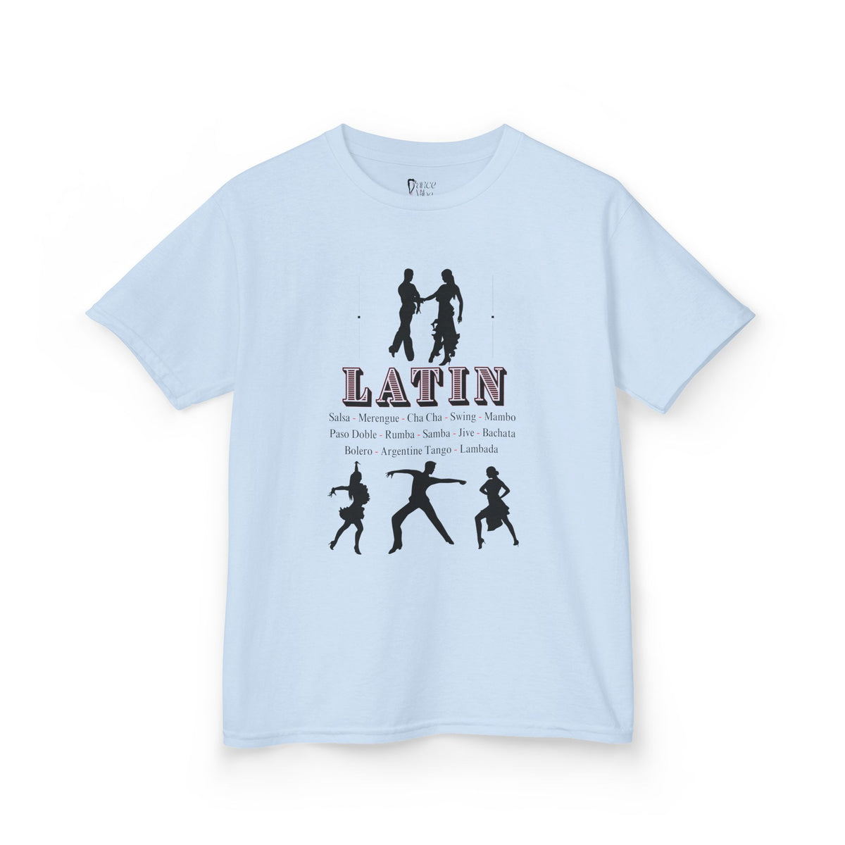 Front view of a youth Gildan 5000B heavy cotton t-shirt in light blue with a Latin Dance Style theme
