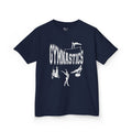 Front view of a youth Gildan 5000B heavy cotton t-shirt in navy with a gymnastics text and graphic