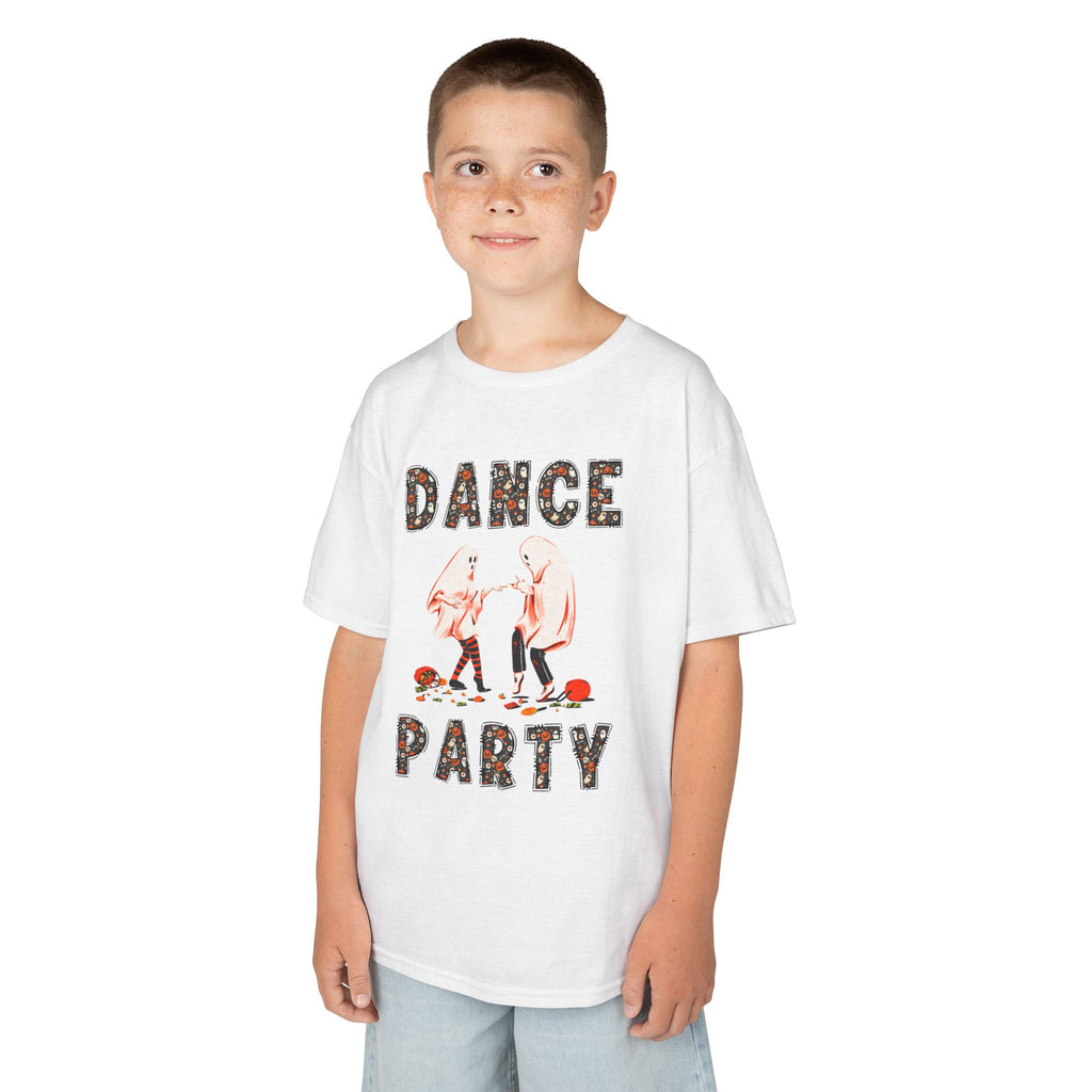 Young boy wearing a youth Gildan 5000B heavy cotton t-shirt in white with a Halloween Dance Party theme