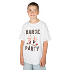 Young boy wearing a youth Gildan 5000B heavy cotton t-shirt in white with a Halloween Dance Party theme