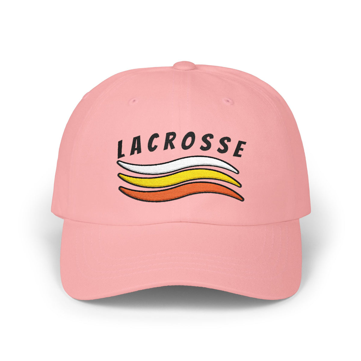 Pink embroidered classic dad cap hat with a Lacrosse text and graphic Front view