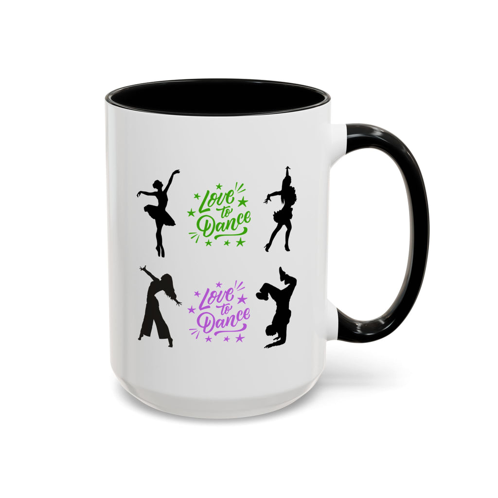 15oz white ceramic Love to Dance mug with black handle and interior Right handed view