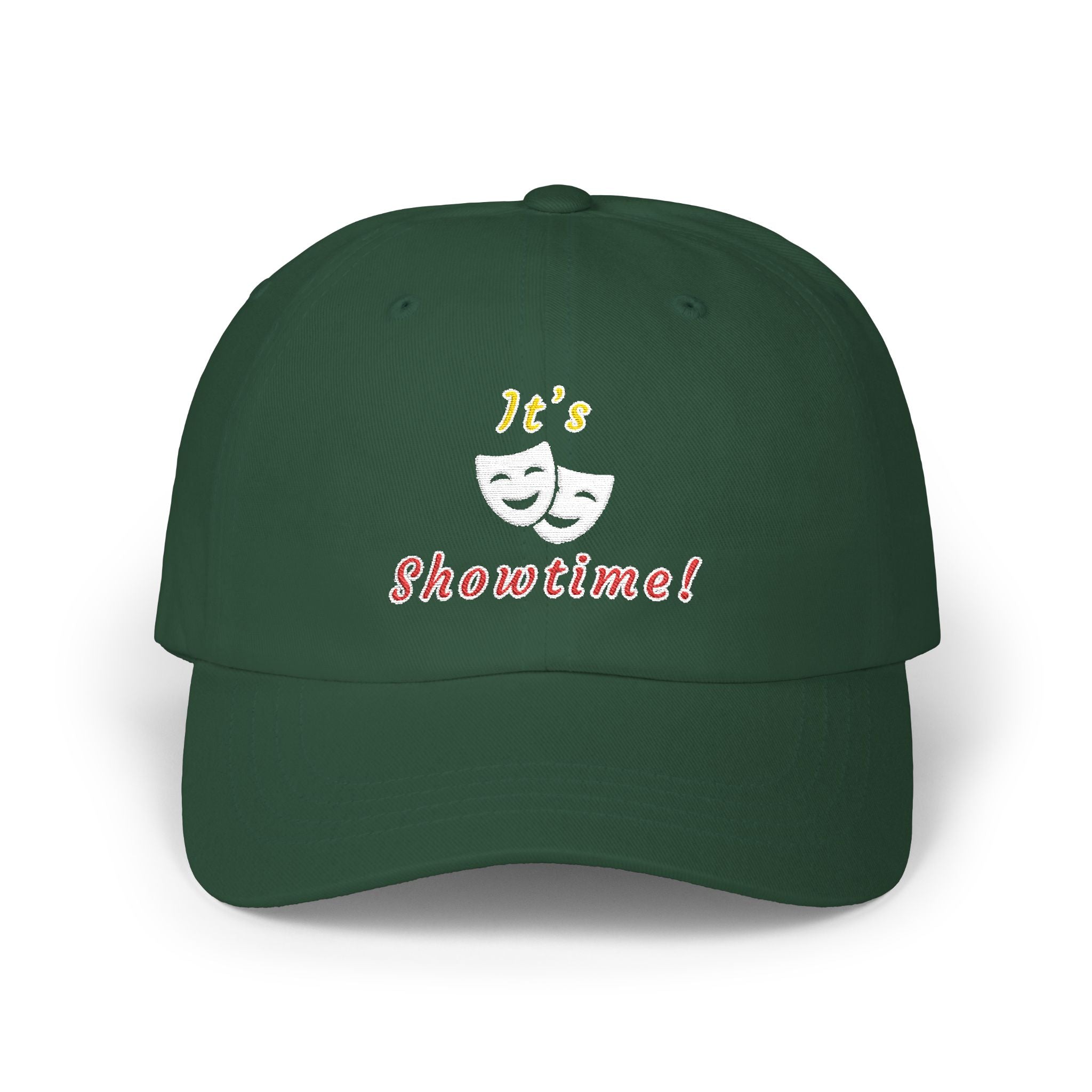 Spruce cap with an embroidered It's Showtime text and mask graphic.