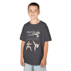 Young boy wearing a youth Gildan 5000B heavy cotton t-shirt in charcoal with a Martial Arts text and graphic