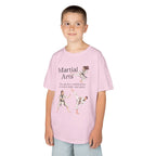 Young boy wearing a youth Gildan 5000B heavy cotton t-shirt in light pink with a Martial Arts text and graphic