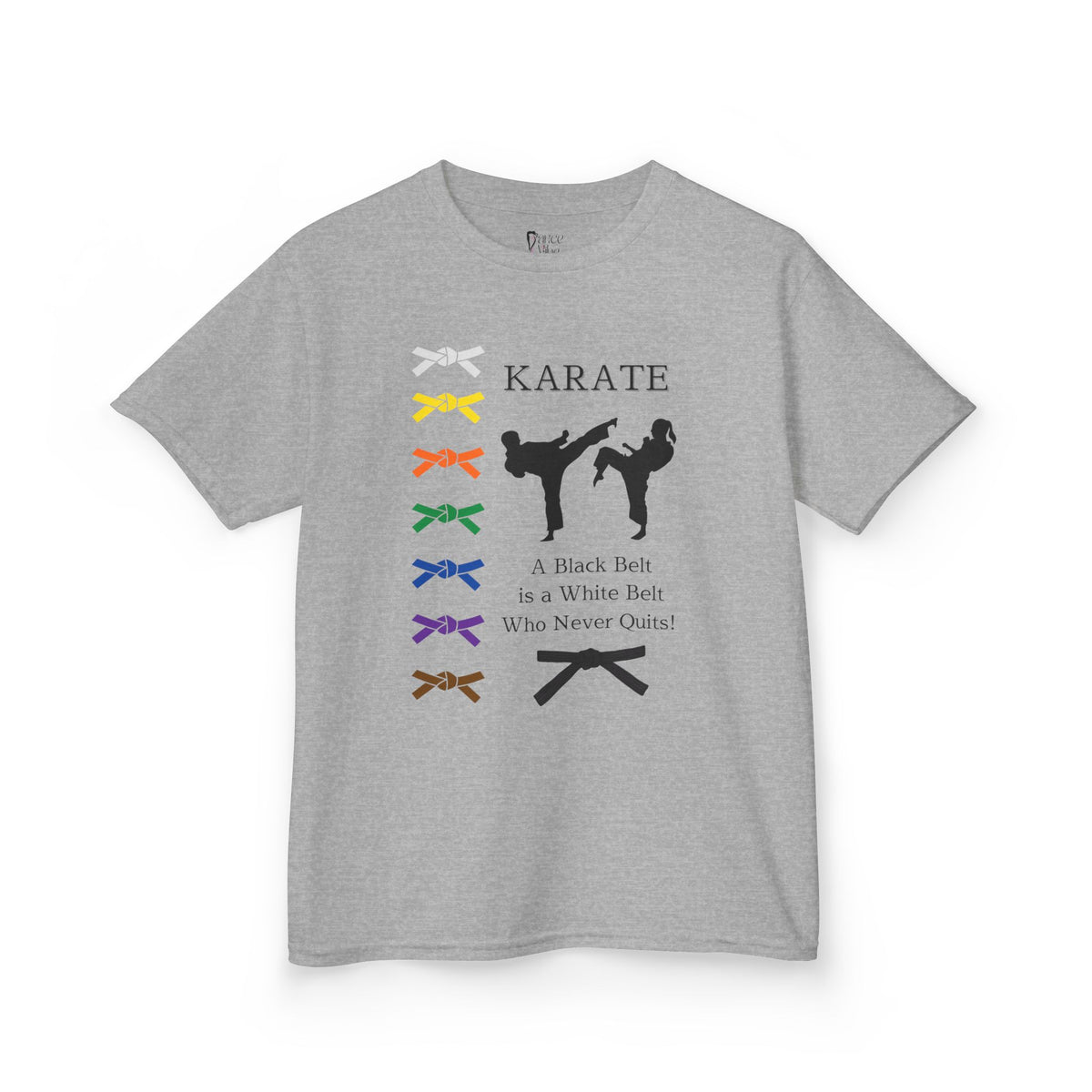 Front view of a youth Gildan 5000B heavy cotton t-shirt in sport grey with a Karate text and graphic