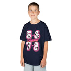 Young boy wearing a Gildan 5000B heavy cotton t-shirt in navy with a 5678 Dance text and graphic