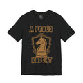 Front view of a black graphic T-shirt with a gold chess knight design and the words A PROUD KNIGHT on the front.