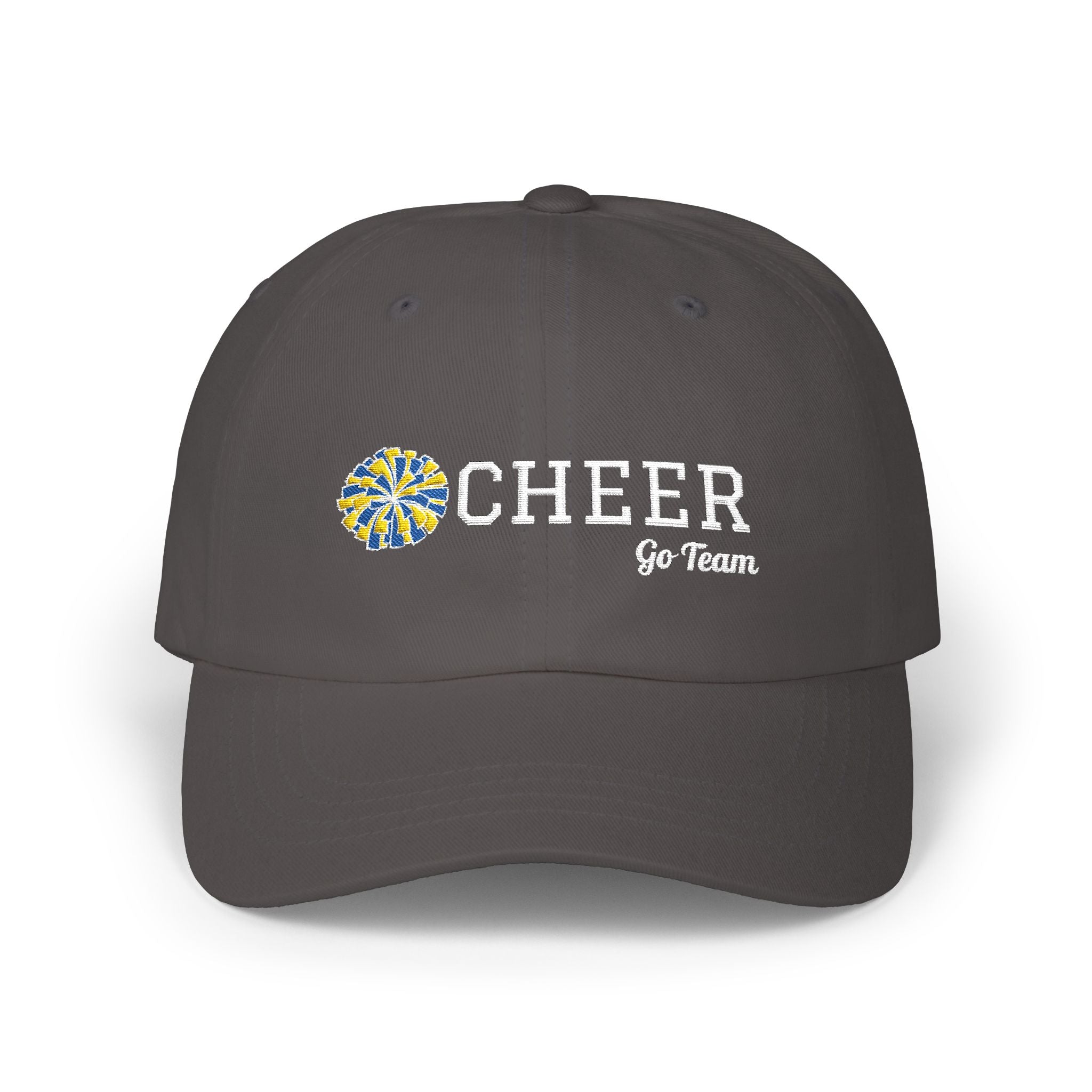 Dark grey cap with CHEER Go Team text and logo embroidery.