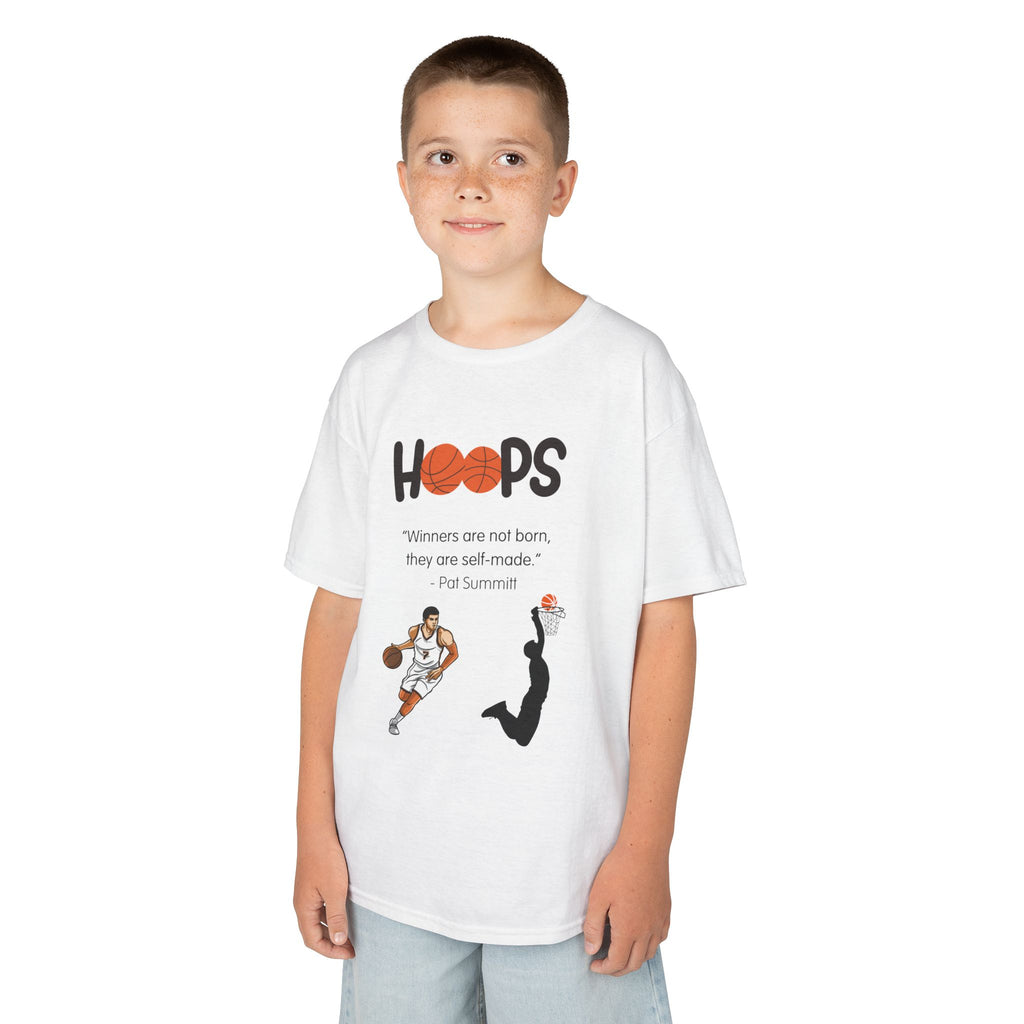 Young boy wearing a youth Gildan 5000B heavy cotton t-shirt in white with a Boys Basketball theme