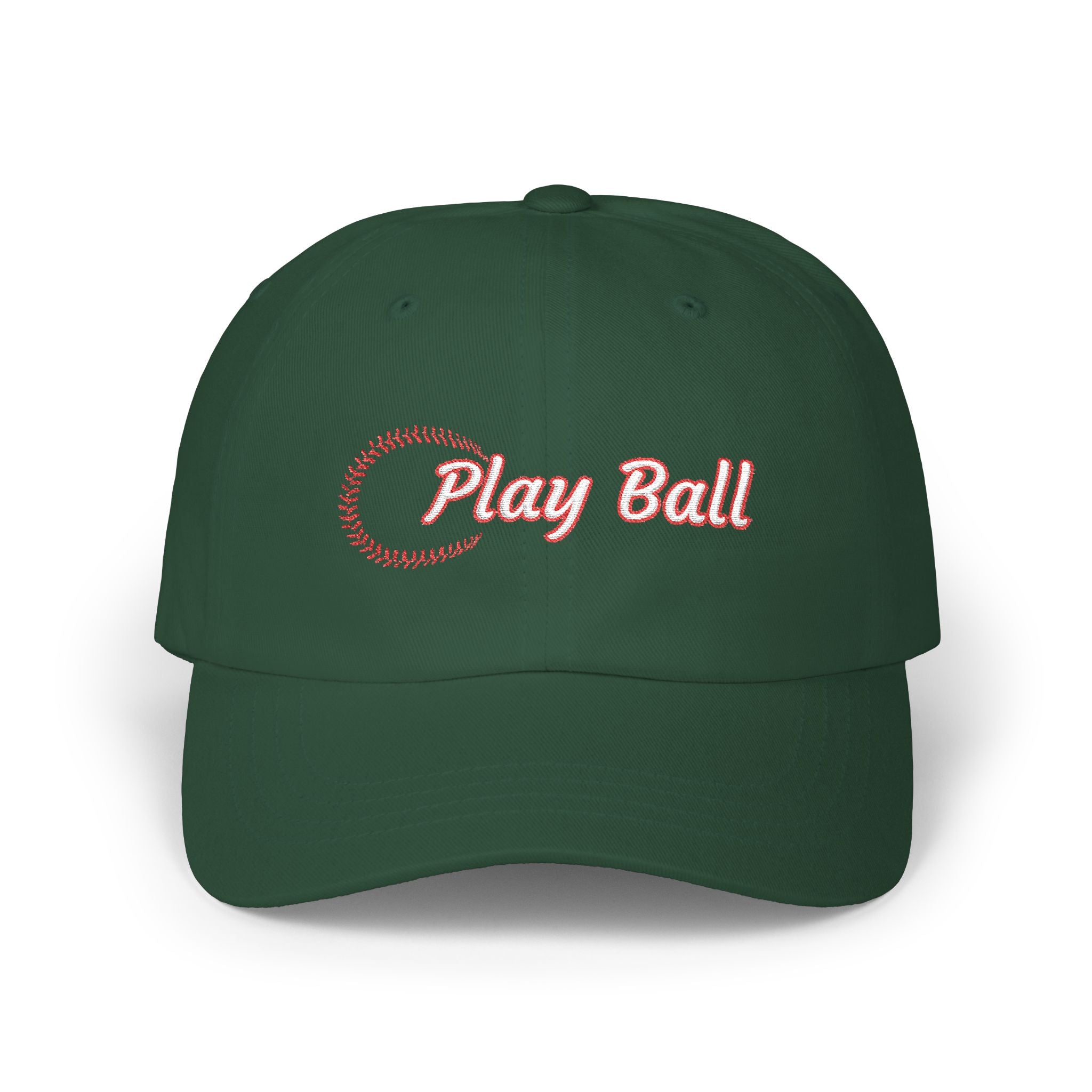 A spruce baseball cap featuring the words Play Ball embroidered in red on the front, with a baseball-stitch pattern.