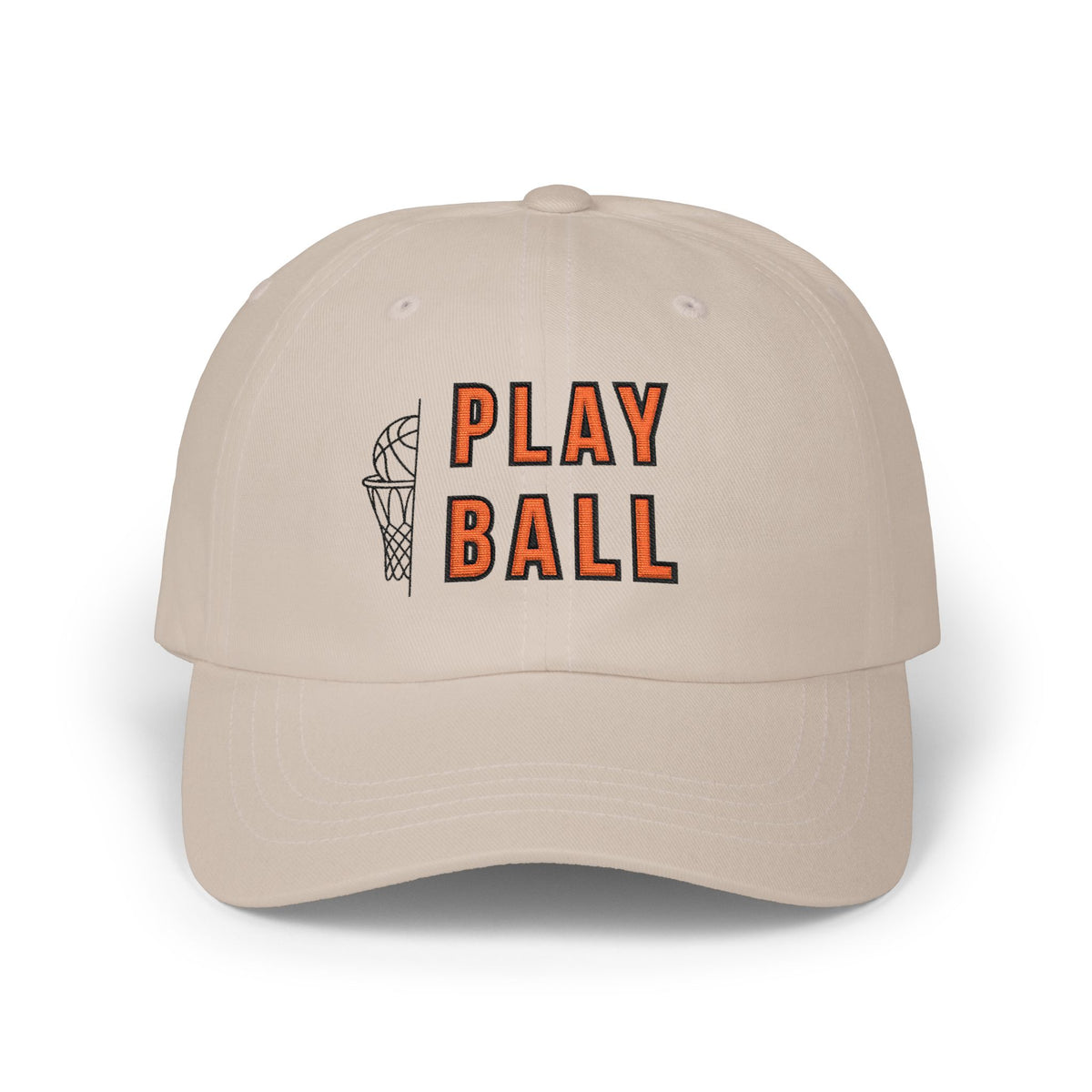 Stone embroidered classic dad cap hat with Play Ball text and basketball graphic Front view