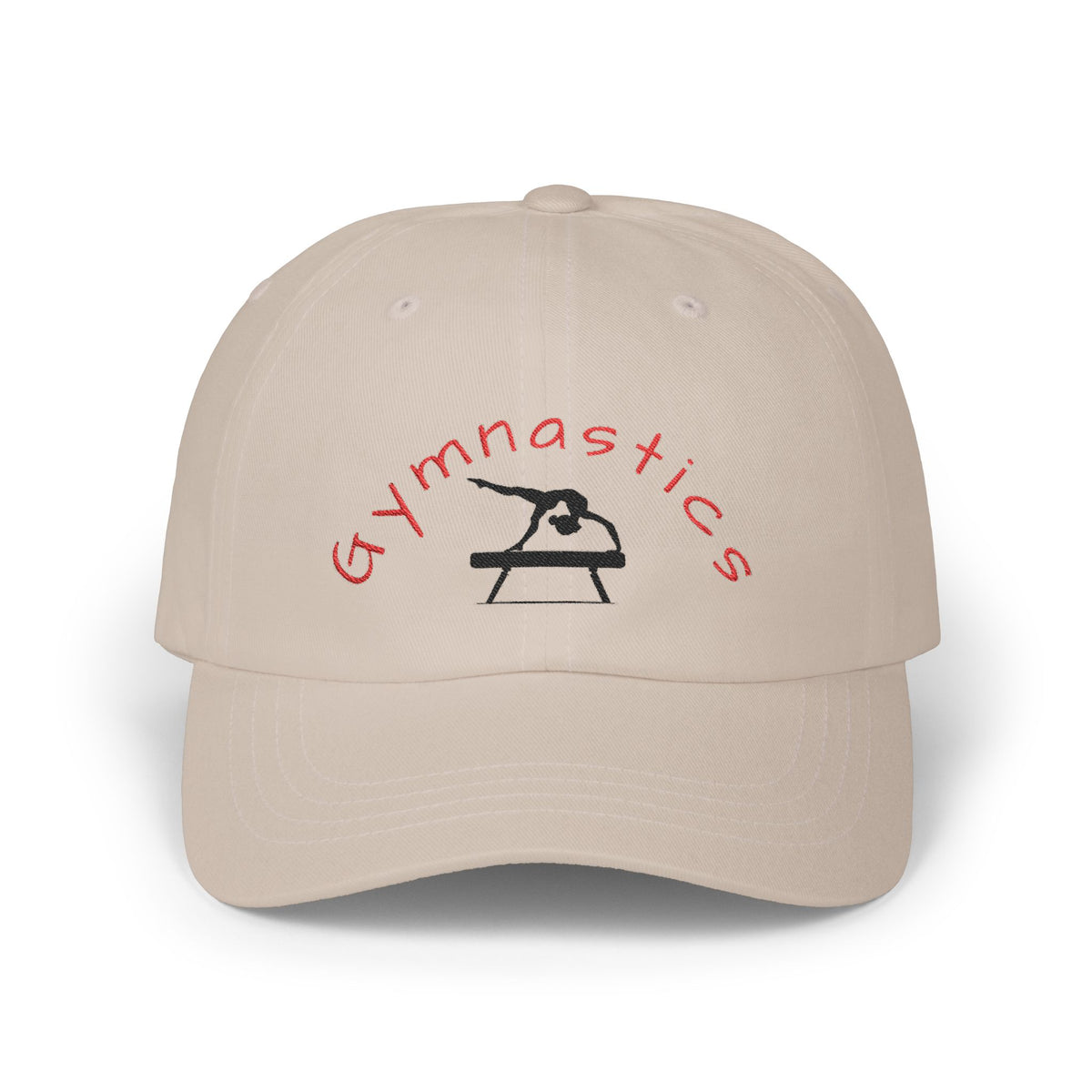 Stone embroidered classic dad cap hat with a Gymnastics text and graphic Front view