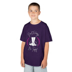 Young boy wearing a youth Gildan 5000B heavy cotton t-shirt in purple with a Don't Worry Be Tappy Tap Shoe design