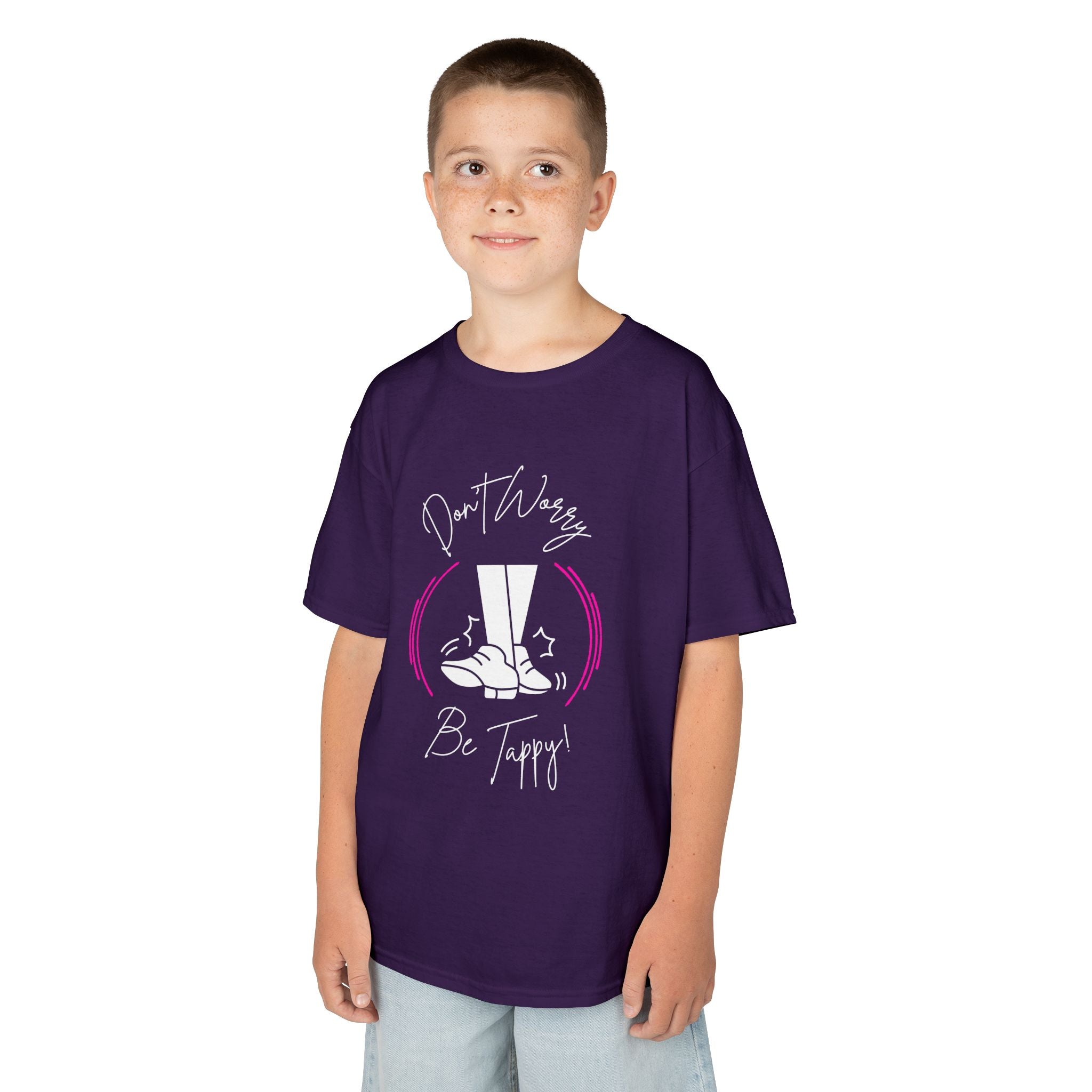 Young boy wearing a youth Gildan 5000B heavy cotton t-shirt in purple with a Don't Worry Be Tappy Tap Shoe design