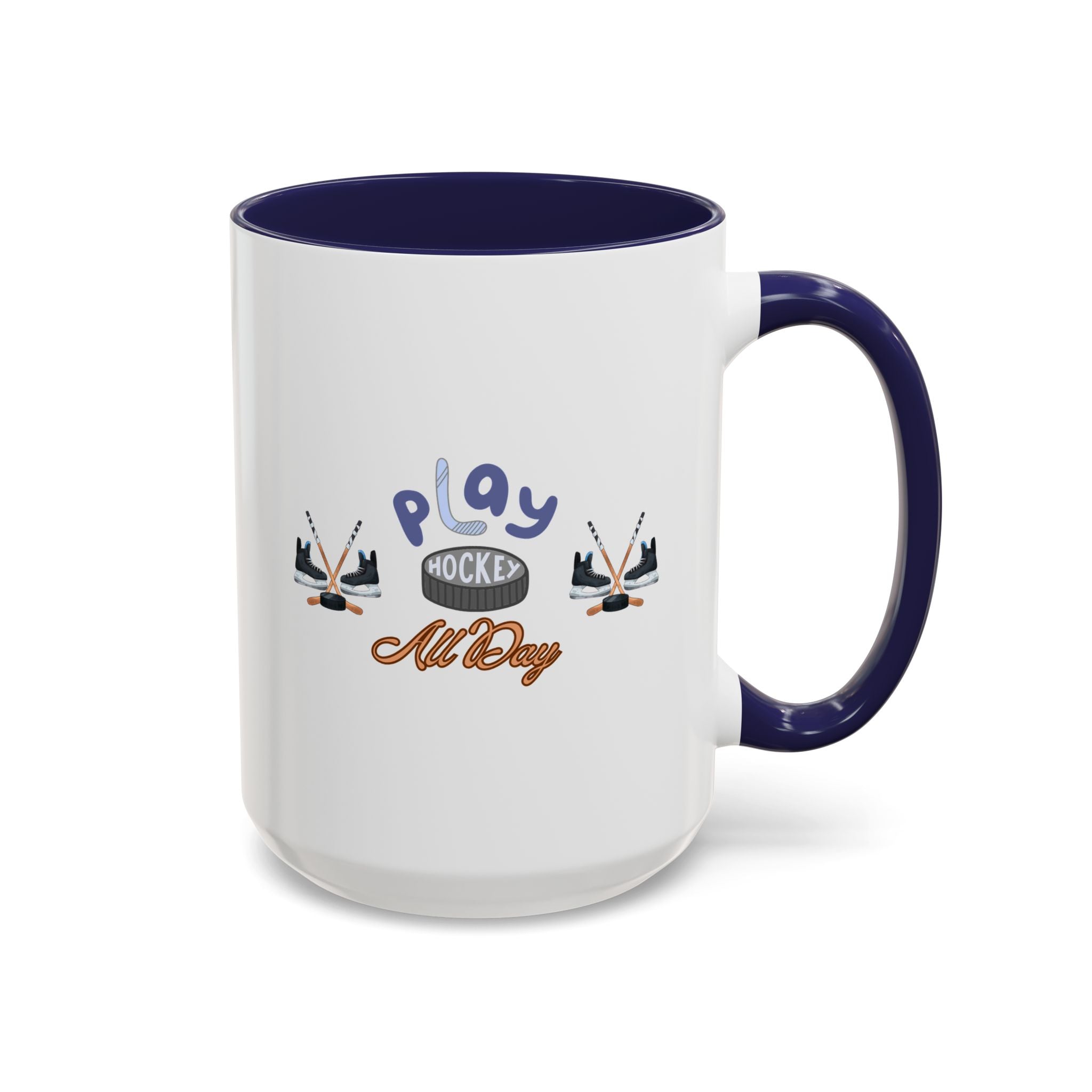 15oz white ceramic Ice Hockey Play All Day mug with navy handle and interior Right handed view