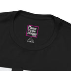 Close up view of a custom Dance Vibe Designs neck label shown above the t-shirt care instructions.
