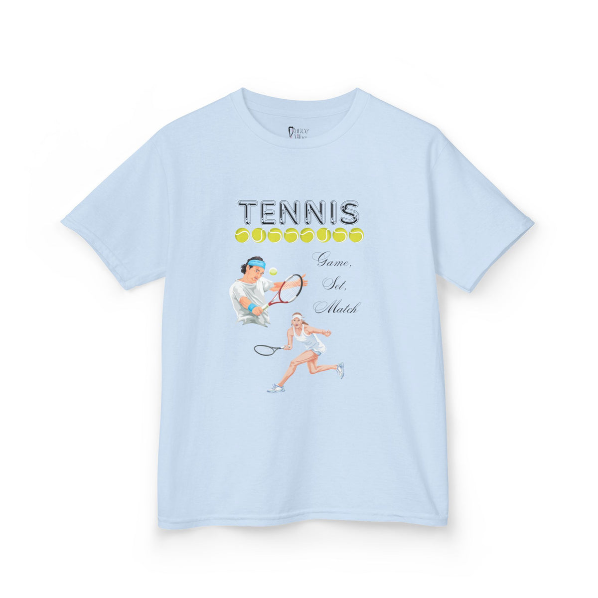 Front view of a youth Gildan 5000B heavy cotton t-shirt in light blue with a Tennis text and graphic