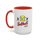 15oz white ceramic Softball mug with red handle and interior Left handed view