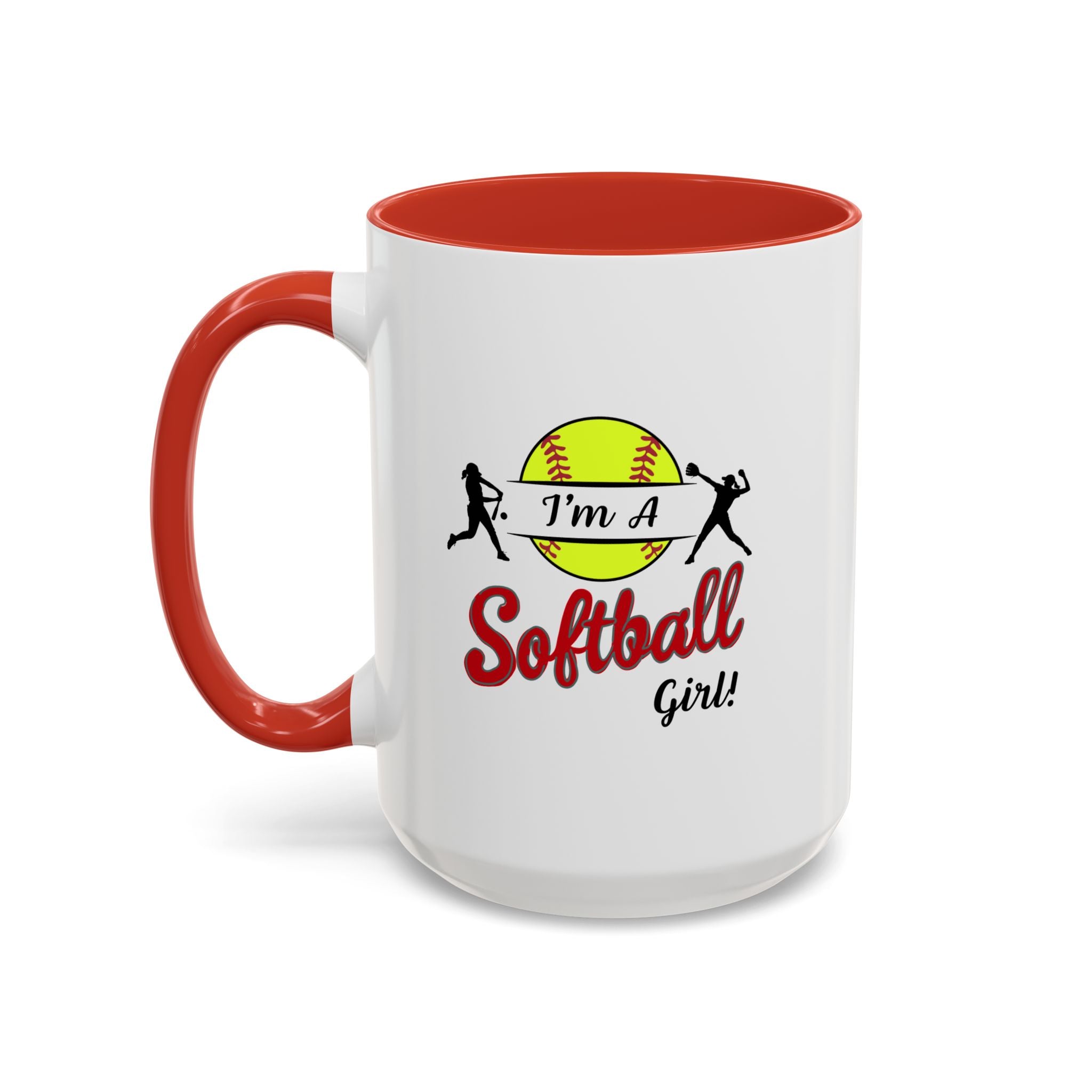 15oz white ceramic Softball mug with red handle and interior Left handed view