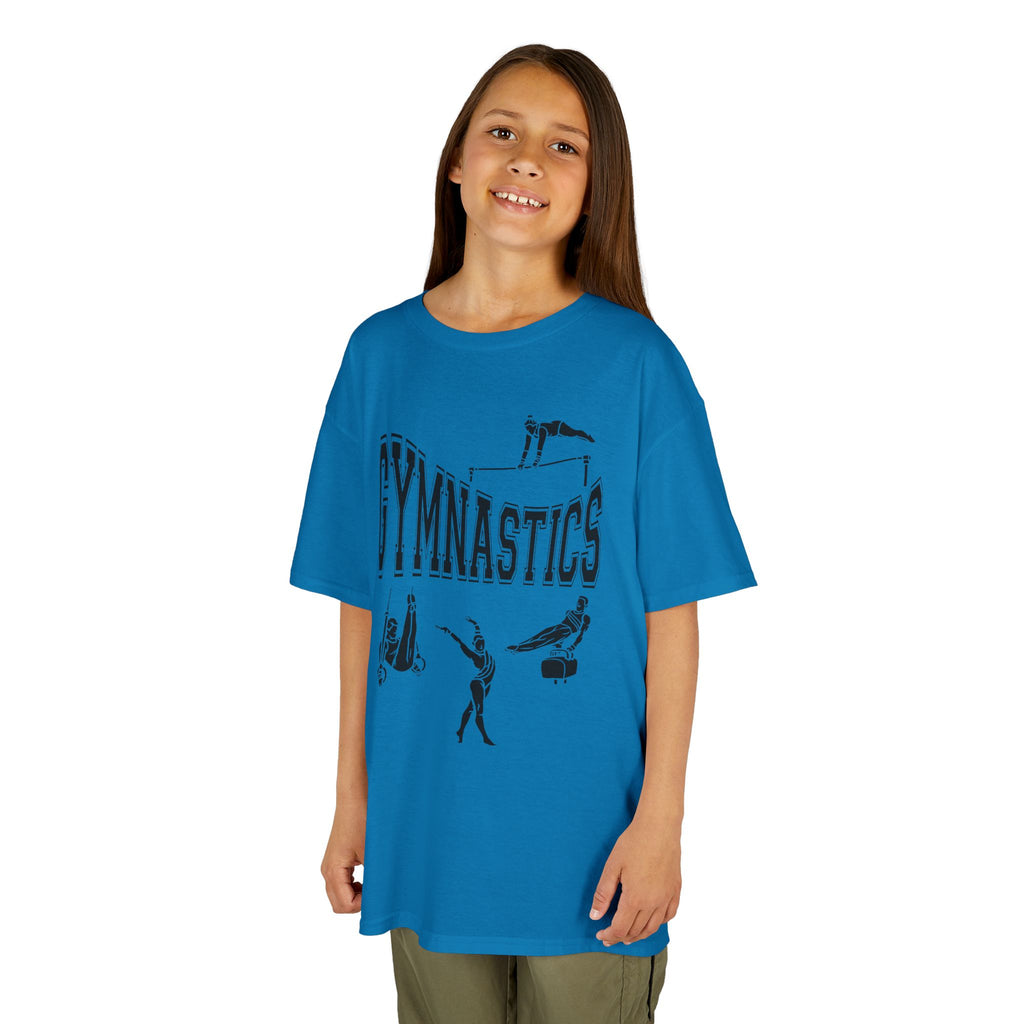 Young girl wearing a youth Gildan 5000B heavy cotton t-shirt in sapphire with a gymnastics text and graphic