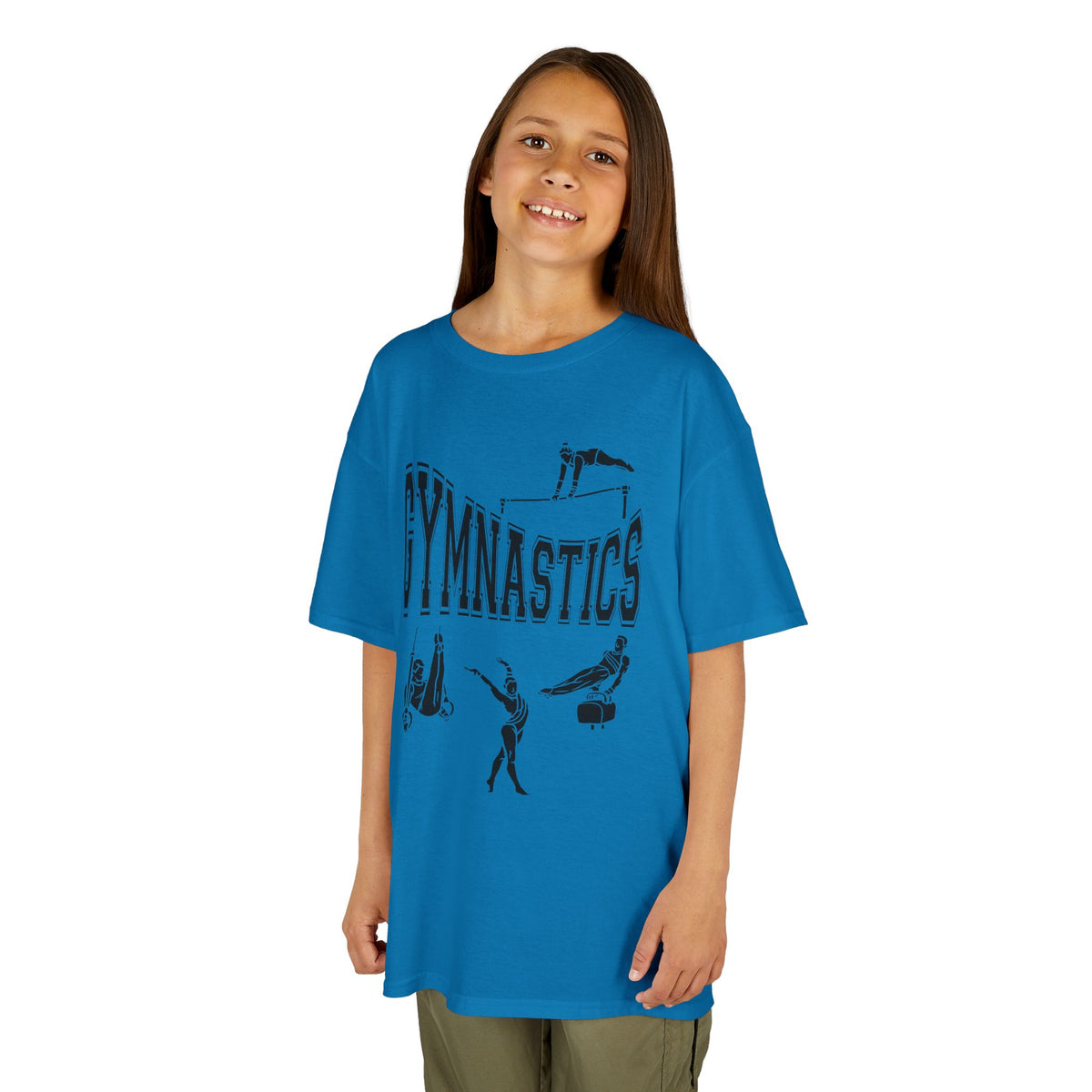 Young girl wearing a youth Gildan 5000B heavy cotton t-shirt in sapphire with a gymnastics text and graphic
