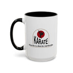 15oz white ceramic Karate mug with black handle and interior Left handed view