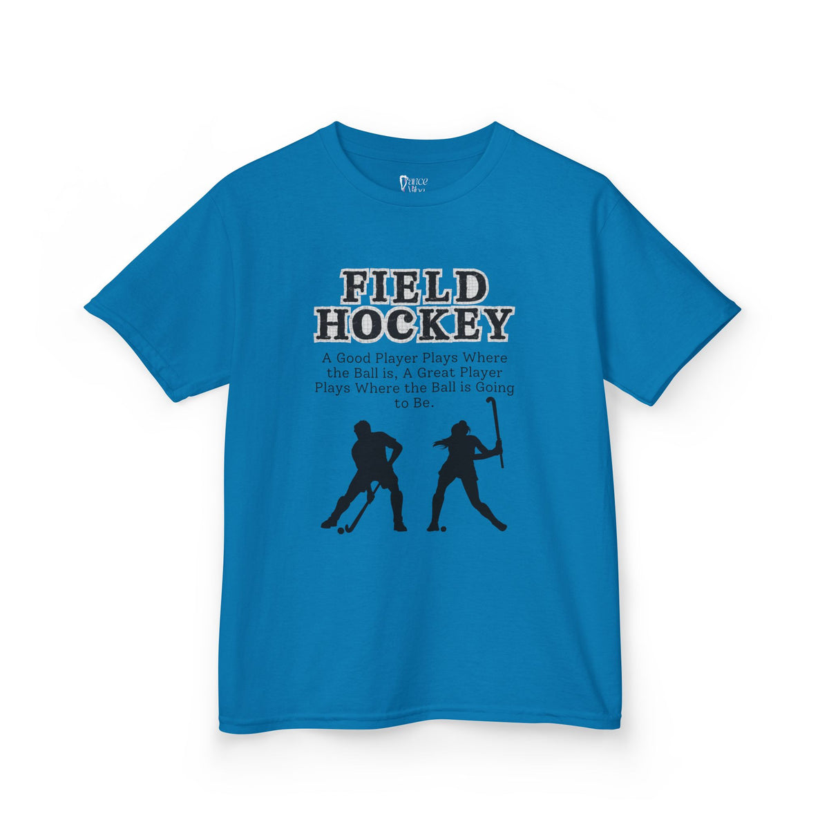 Front view of a youth Gildan 5000B heavy cotton t-shirt in sapphire with a Field Hockey text and graphic