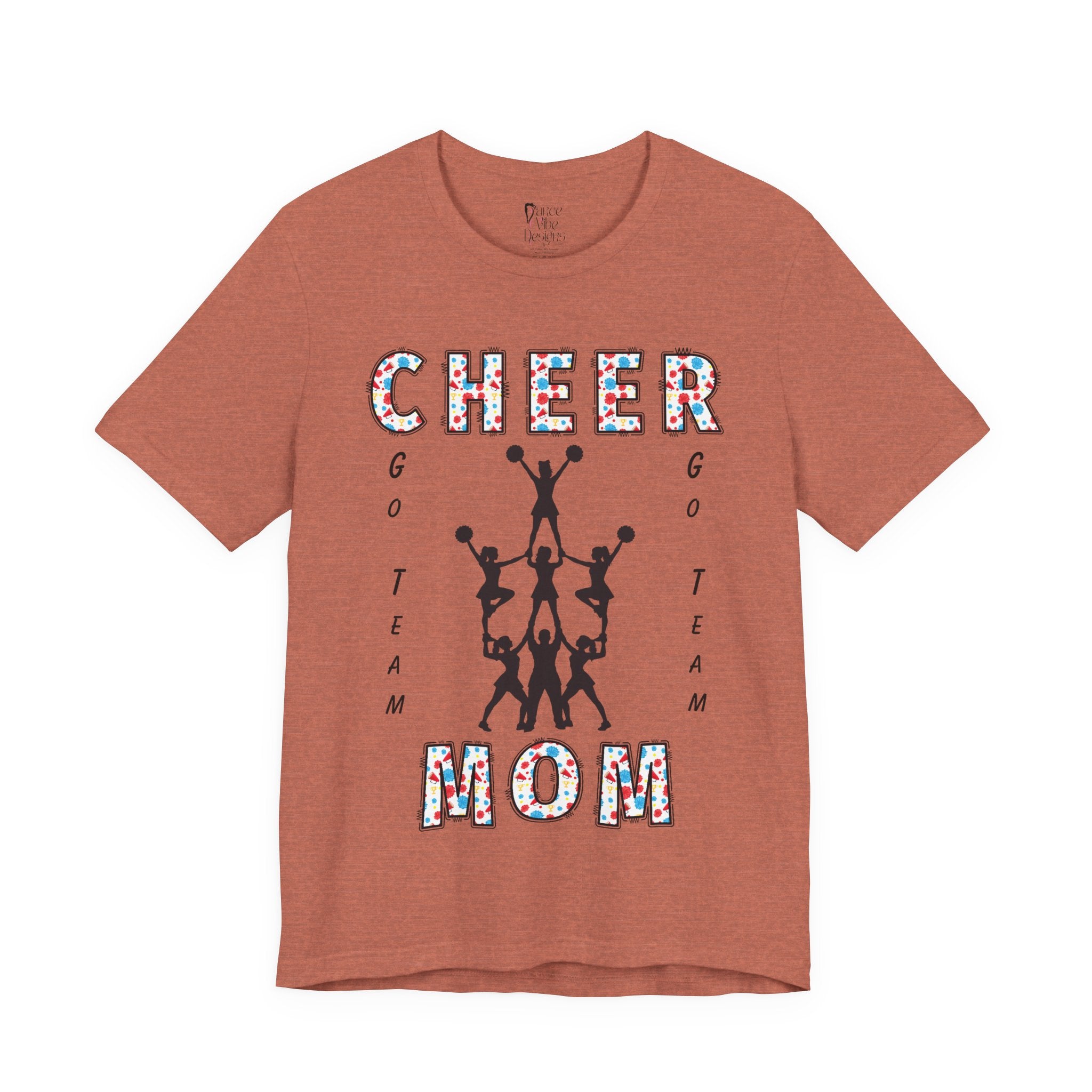 A heather clay short-sleeve crewneck t-shirt featuring a CHEER GO TEAM MOM graphic on the front. 