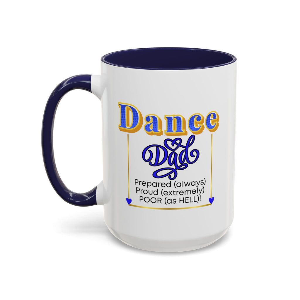 15oz white ceramic Dance Dad mug with navy handle and interior Left handed view