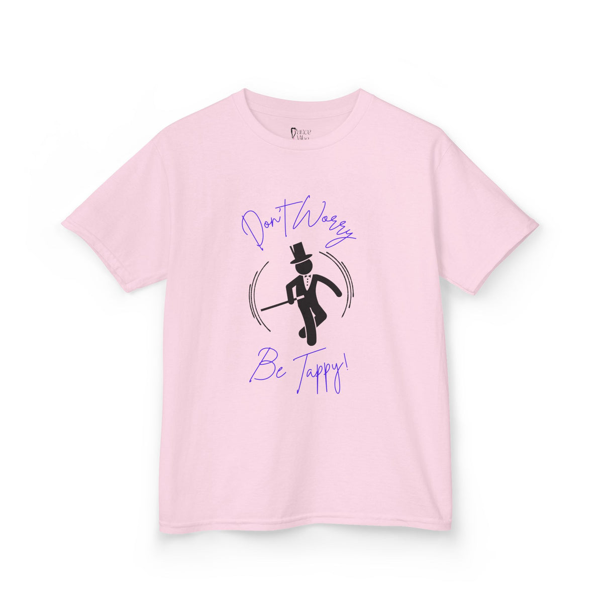 Front view of a youth Gildan 5000B heavy cotton t-shirt in light pink with a Don't Worry Be Tappy Tap theme
