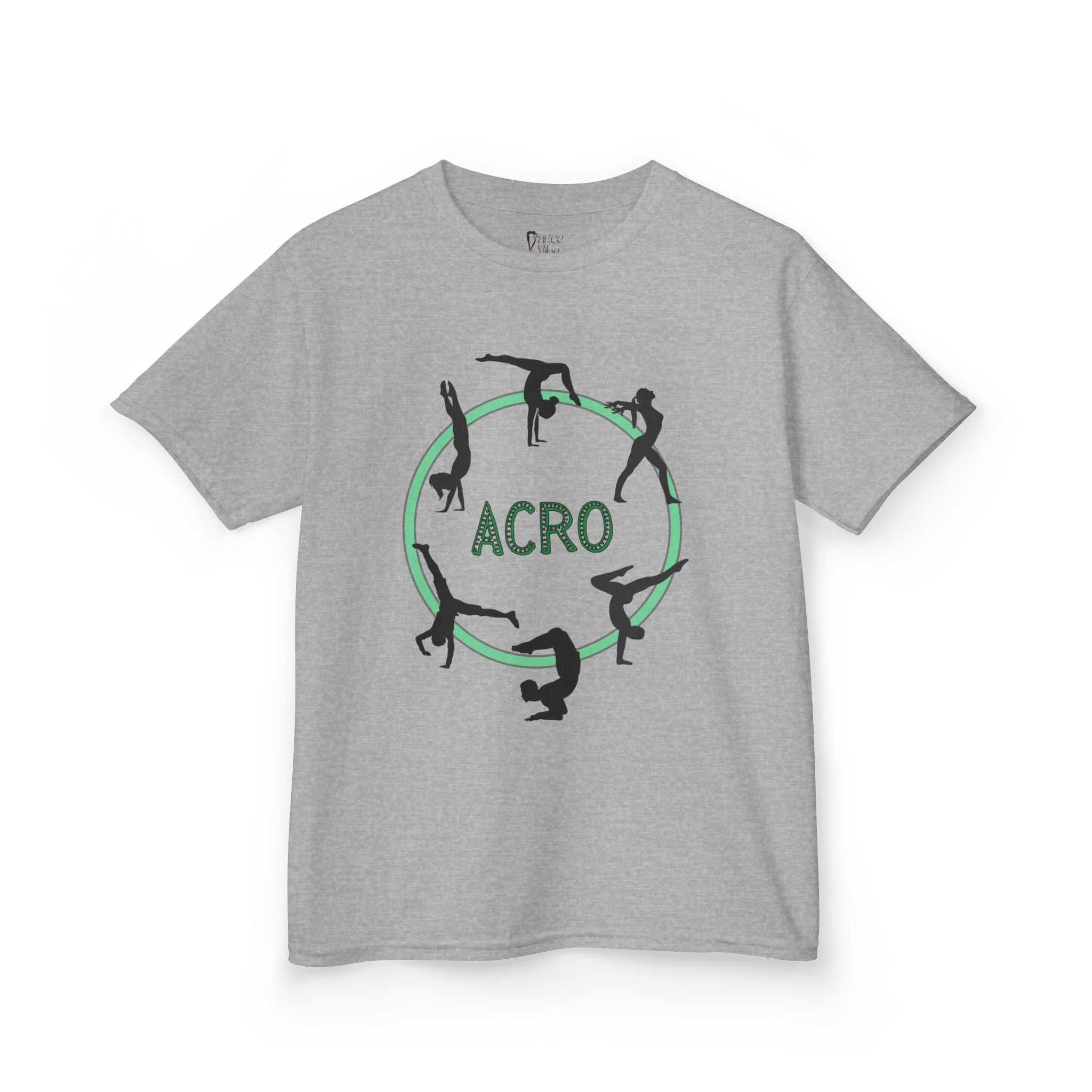 Front view of a youth Gildan 5000B heavy cotton t-shirt in sport grey with an Acro Gymnastics theme