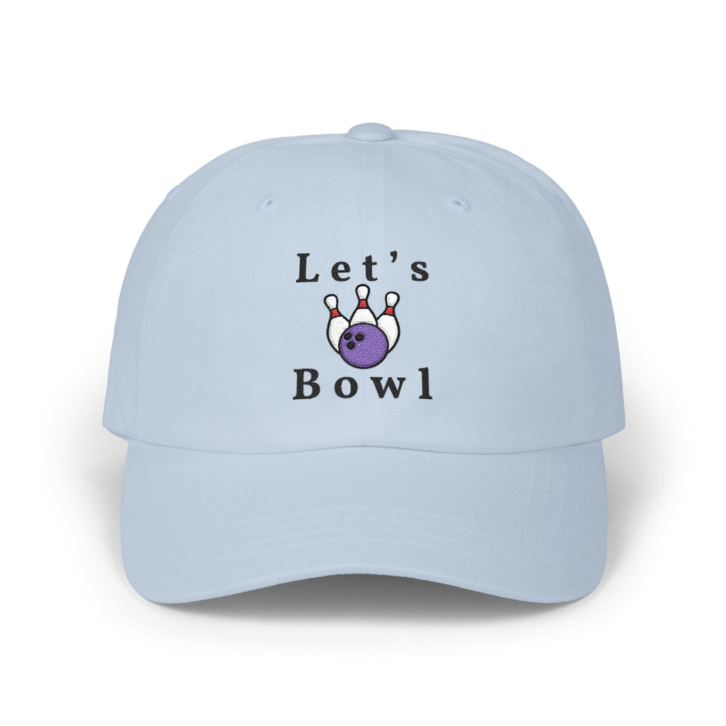Light blue embroidered classic dad cap hat with Let's Bowl text and graphic Front view