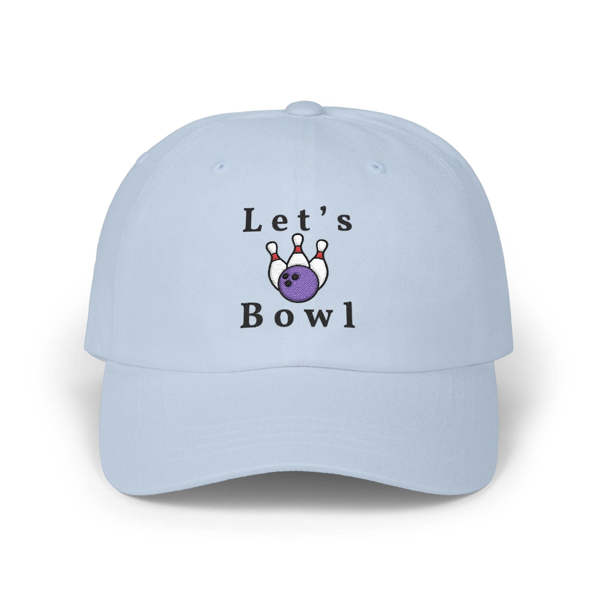 Light blue embroidered classic dad cap hat with Let's Bowl text and graphic Front view