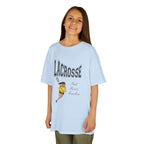 Front view of a youth Gildan 5000B heavy cotton t-shirt in light blue with a Girls Lacrosse theme