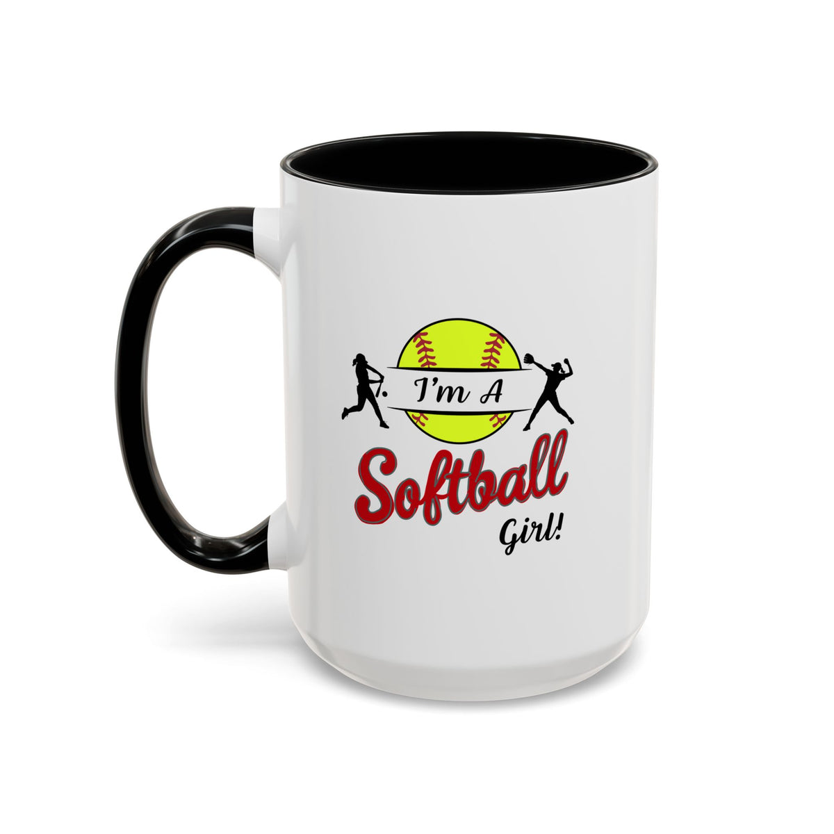 15oz white ceramic Softball mug with black handle and interior Left handed view