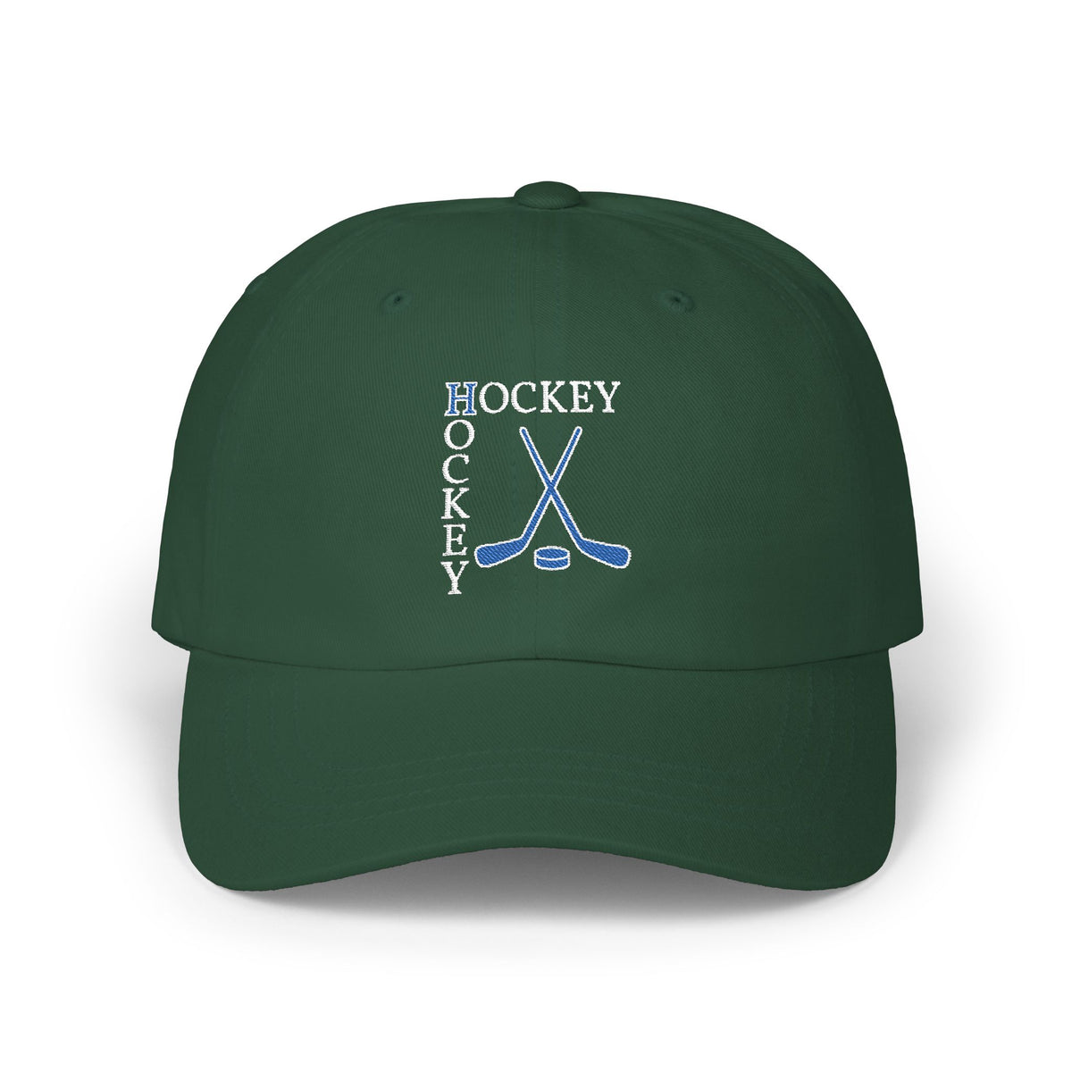 Spruce cap with an embroidered Hockey text and logo.