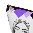 Hair Make up Let's go themed travel pouch with geometric design and face illustration on a white background close up of black zipper