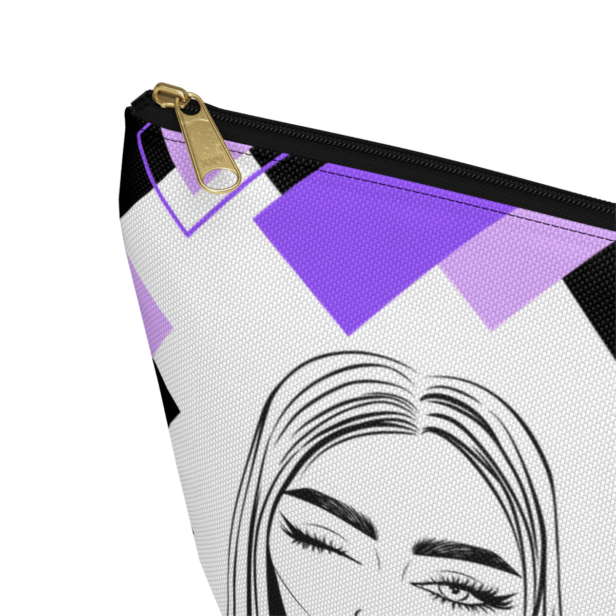 Hair Make up Let's go themed travel pouch with geometric design and face illustration on a white background close up of black zipper