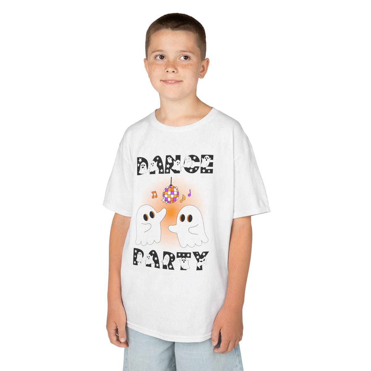 Young boy wearing a youth Gildan 5000B heavy cotton t-shirt in white with a Halloween Dance Party theme