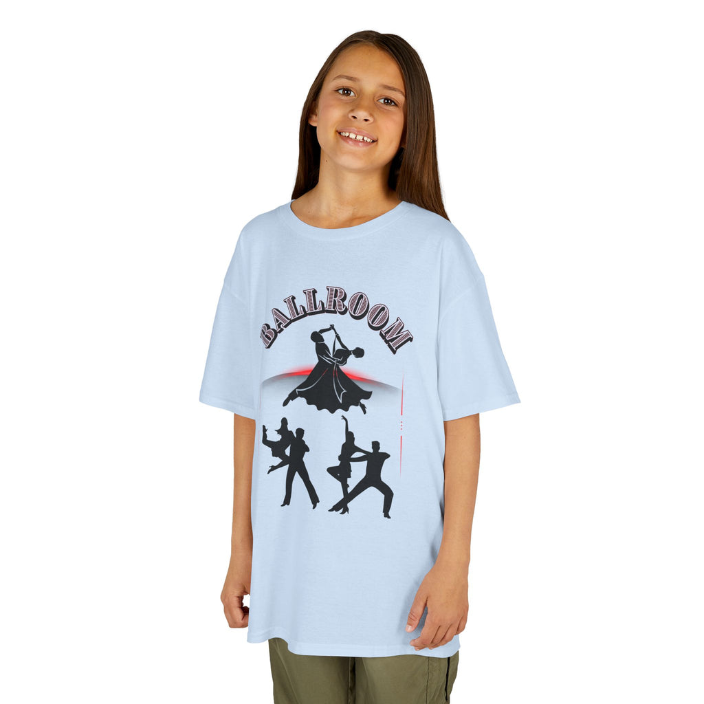 Young girl wearing a youth Gildan 5000B heavy cotton t-shirt in light blue with a Ballroom Dance Couples theme