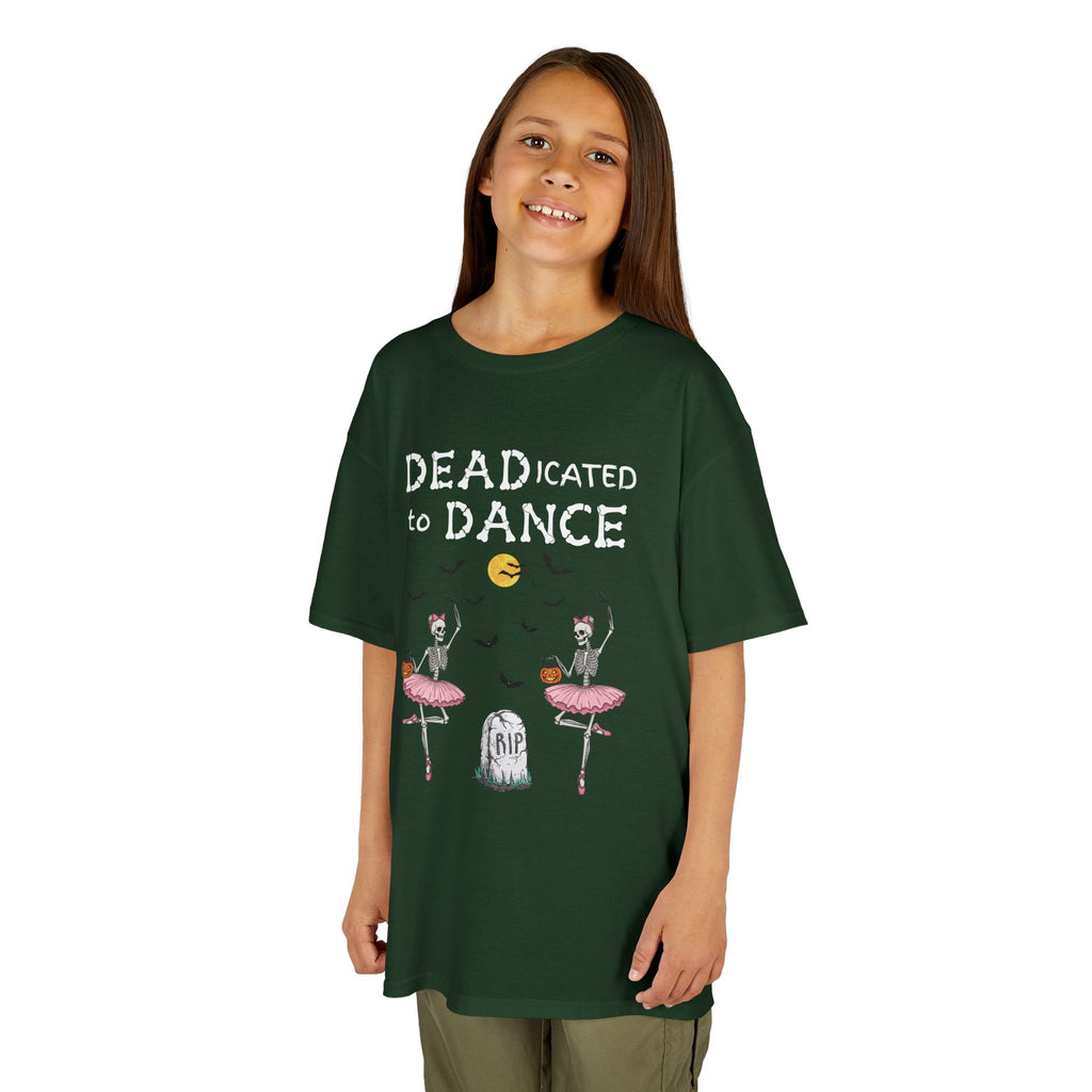 Young girl wearing a youth Gildan 5000B heavy cotton t-shirt in forest green with a Deadicated to Dance Halloween theme