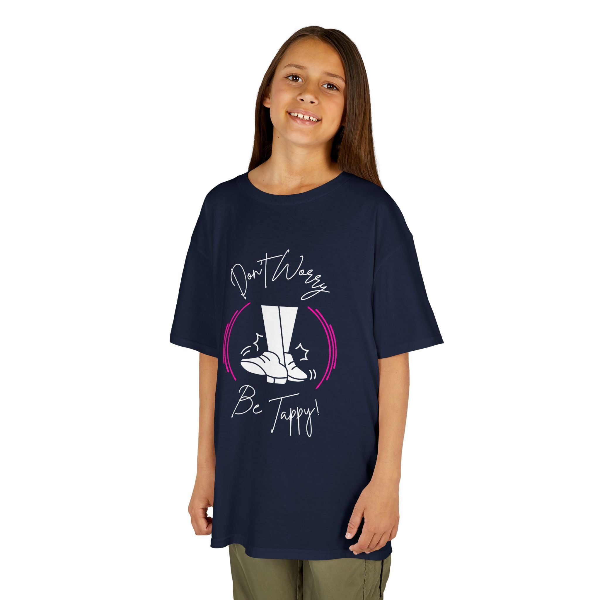 Young girl wearing a youth Gildan 5000B heavy cotton t-shirt in navy with a Don't Worry Be Tappy Tap Shoe design