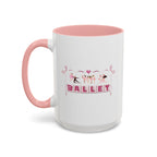 15oz white ceramic Ballet mug with pink handle and interior Left handed view