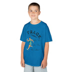 Young boy wearing a youth Gildan 5000B heavy cotton t-shirt in sapphire featuring a boy running Track