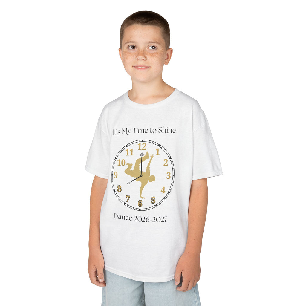 Young boy wearing a youth Gildan 5000B heavy cotton t-shirt in white with an It's My Time to Shine Breakdance 2026-2027 theme