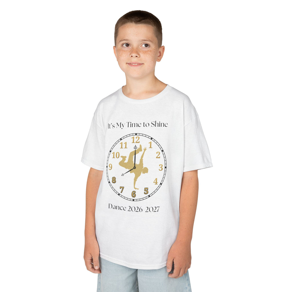 Young boy wearing a youth Gildan 5000B heavy cotton t-shirt in white with an It's My Time to Shine Breakdance 2026-2027 theme