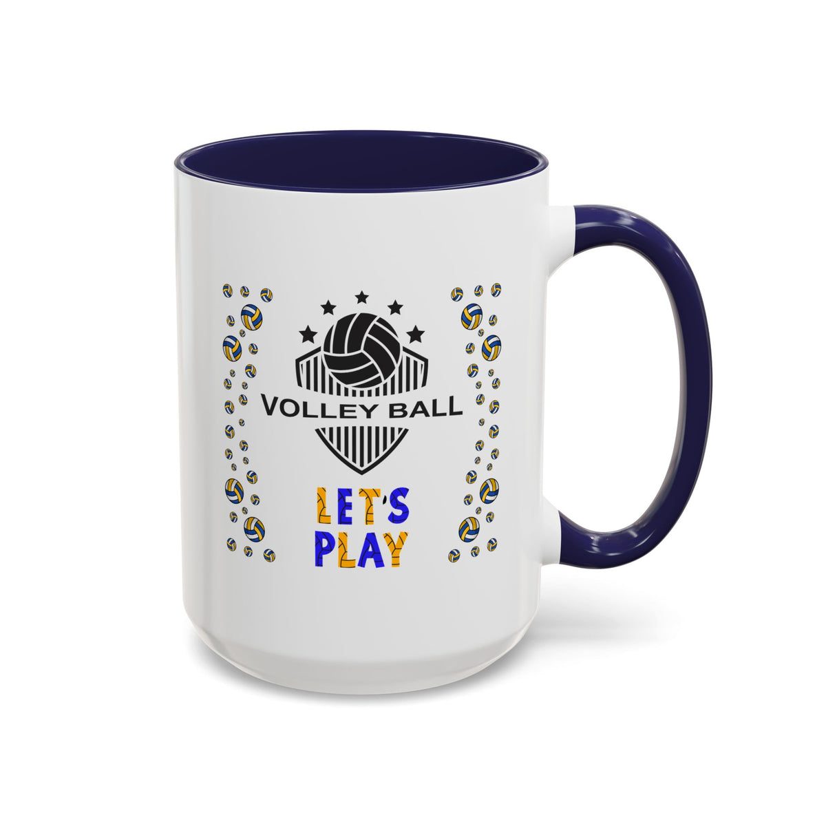 15oz white ceramic Volleyball mug with navy handle and interior Right handed view